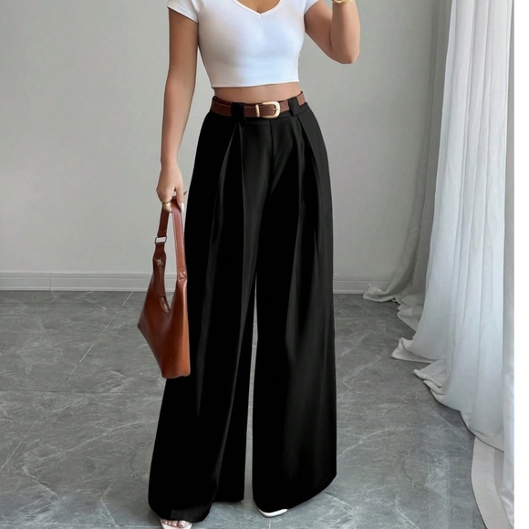 Classic Solid Stretchy Waist Pleated Pockets Wide leg Trouser Pants - Picture 10 of 12